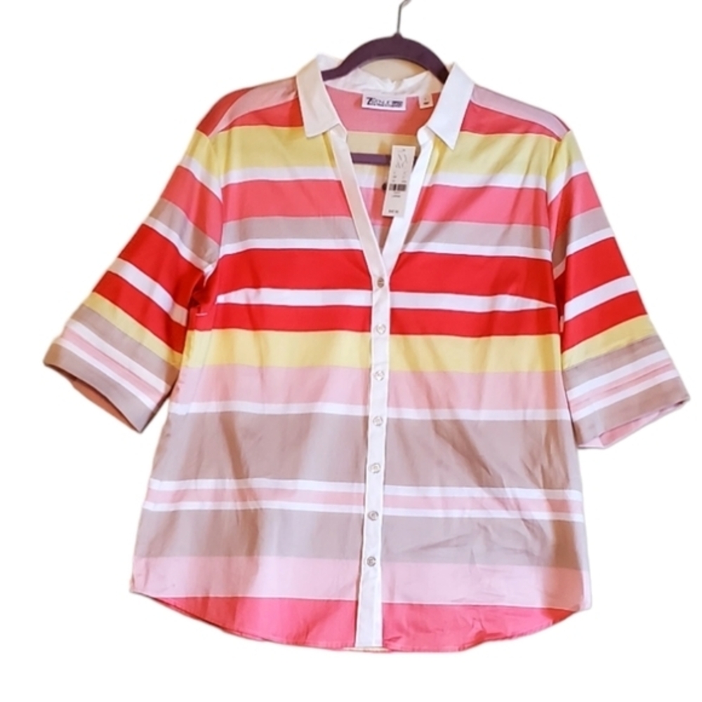 7th Avenue New York Striped Cotton‎ Buttonup Dress Shirt Blouse Top Women NWT